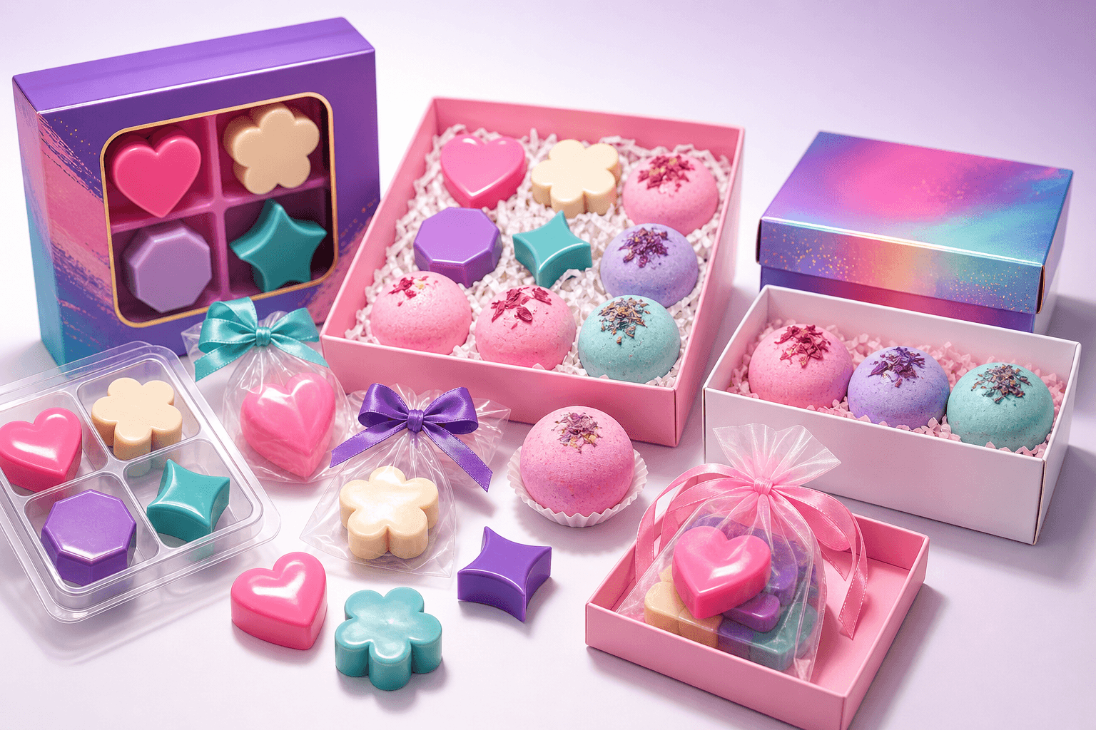 Custom wax melts, mini bath bomb favors, molded pieces, and gift boxes