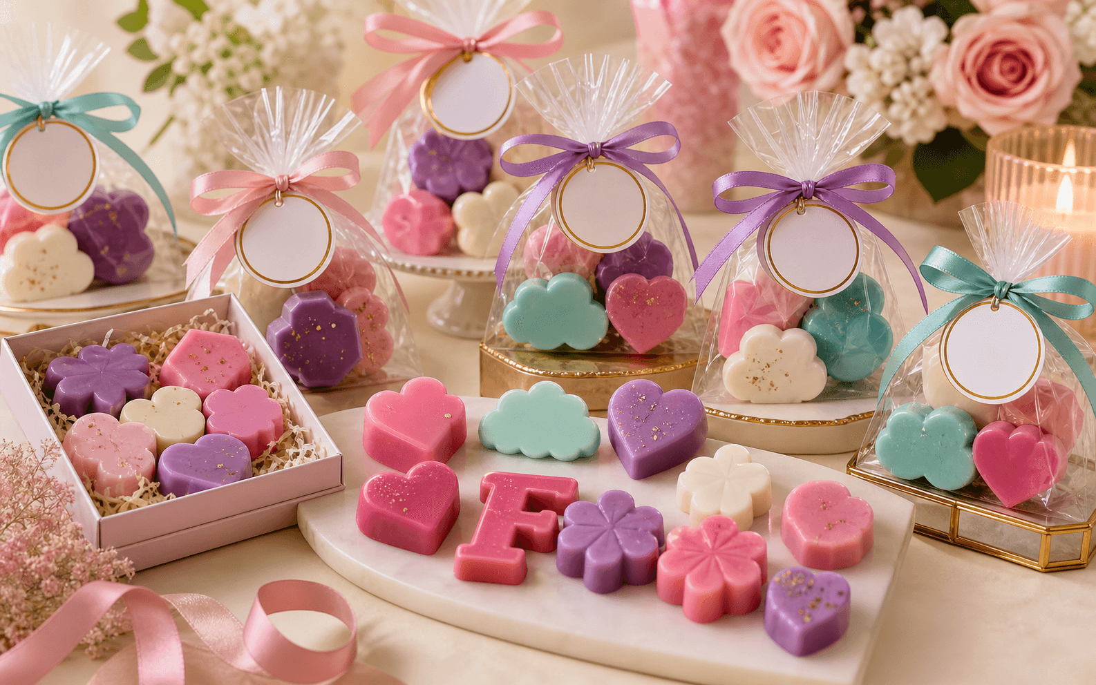 Soft cream, blush, sage, pink, purple, and teal guest favor packaging with molded scented favors