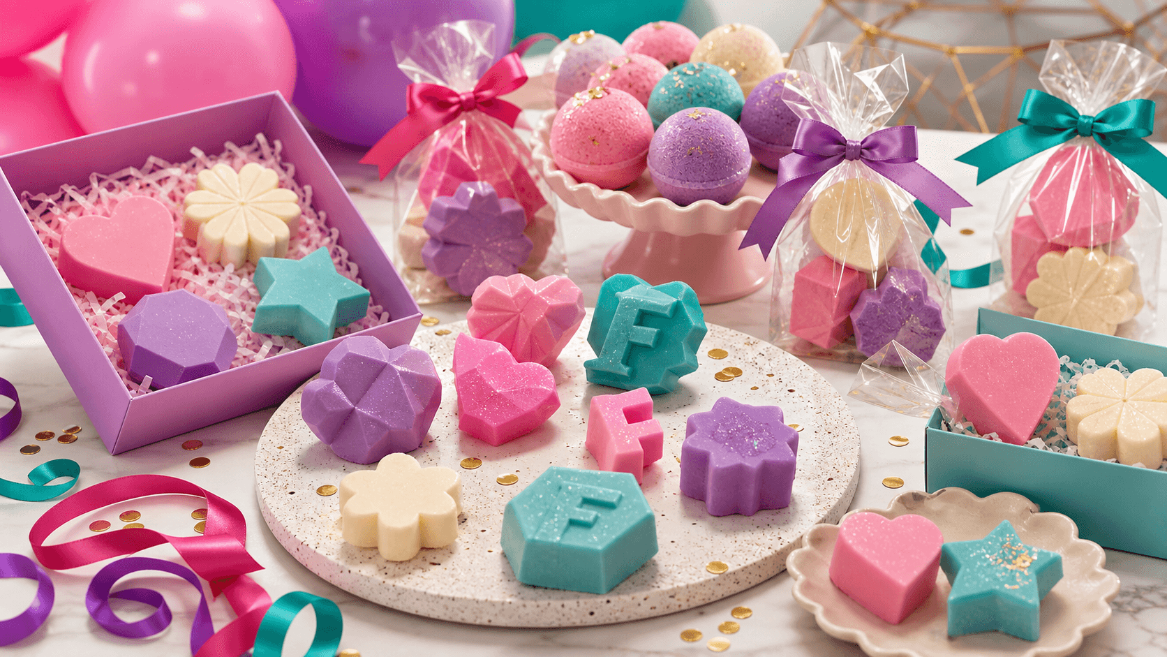 Colorful birthday favor set with molded stars, hearts, flowers, and packaged scented favors