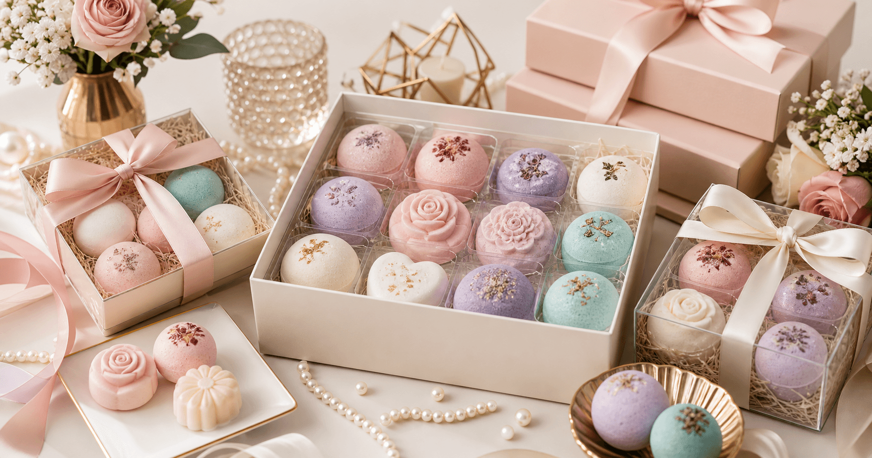 Elegant bridal shower favor boxes with mini bath bomb favors and molded gift pieces