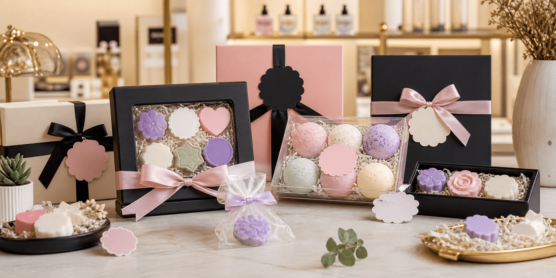 Modern salon and boutique gift boxes with ribbon, molded favor pieces, and tray packaging